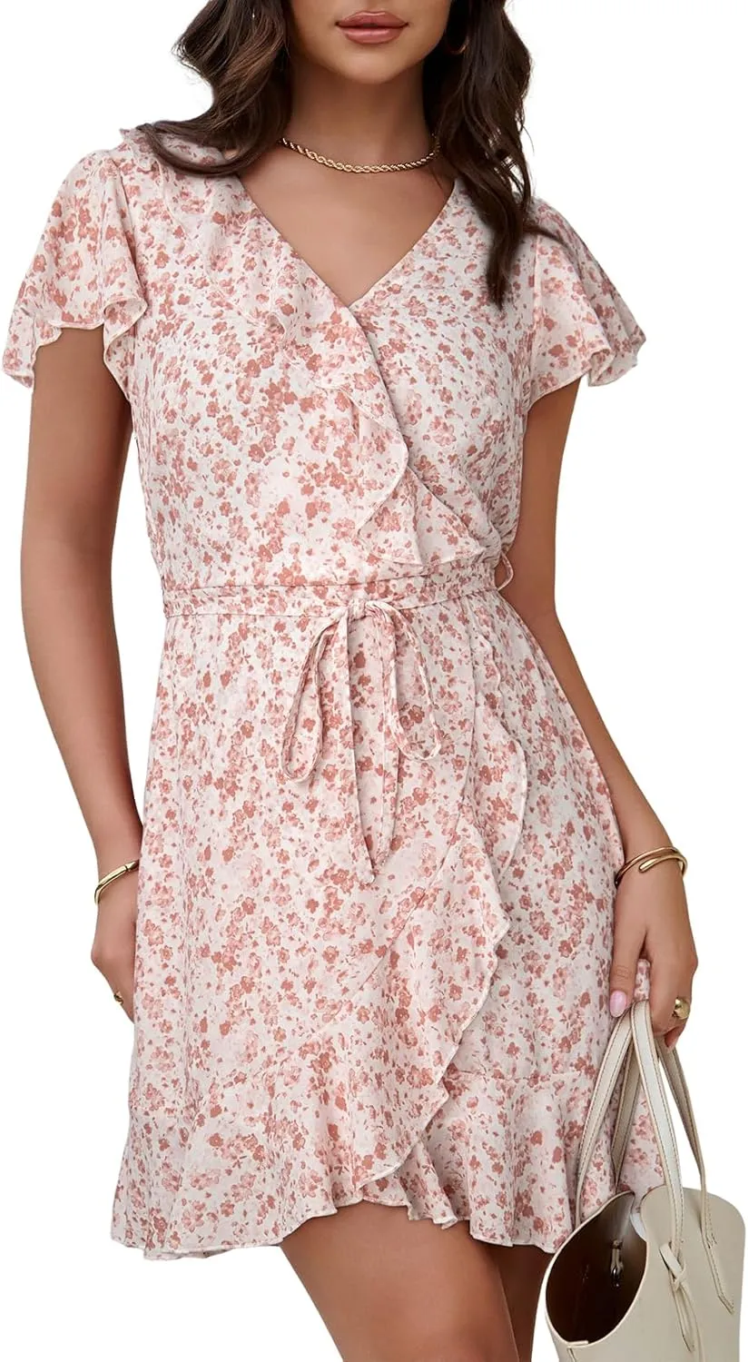Dokotoo Womens Summer Dresses 2025 Deep V Neck Ruffle Floral Flowy Mini Dress Sundresses Vacation Beach Outfits for Women