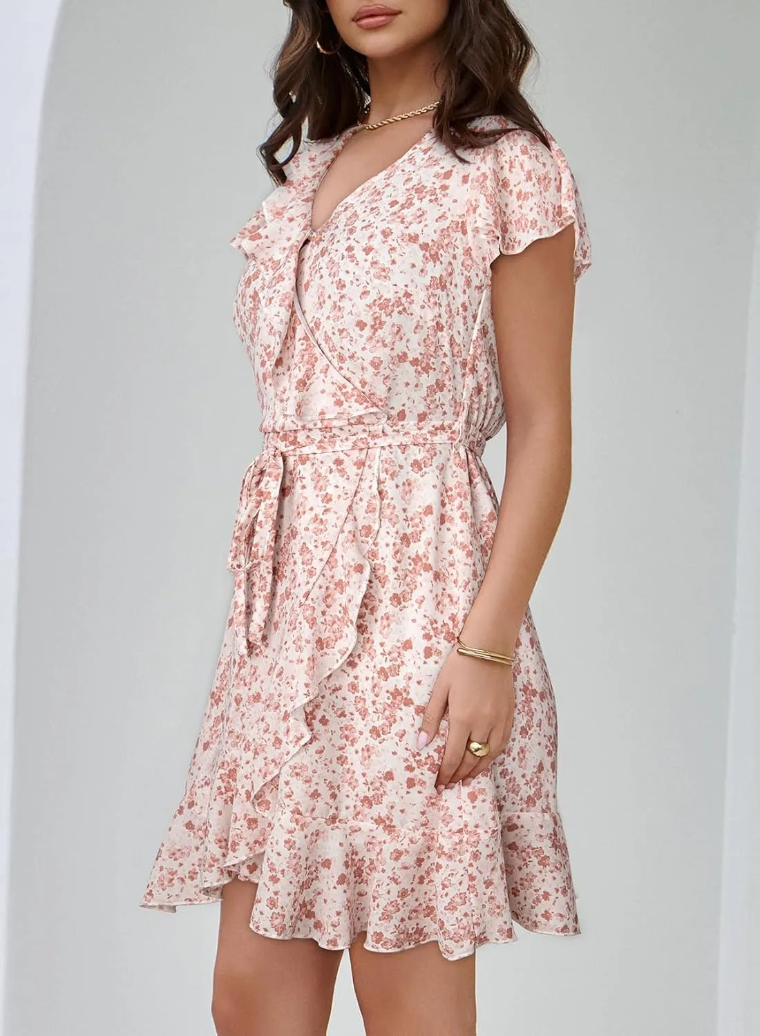 Dokotoo Womens Summer Dresses 2025 Deep V Neck Ruffle Floral Flowy Mini Dress Sundresses Vacation Beach Outfits for Women
