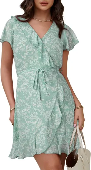 Dokotoo Womens Summer Dresses 2025 Deep V Neck Ruffle Floral Flowy Mini Dress Sundresses Vacation Beach Outfits for Women