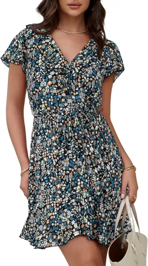 Dokotoo Womens Summer Dresses 2025 Deep V Neck Ruffle Floral Flowy Mini Dress Sundresses Vacation Beach Outfits for Women
