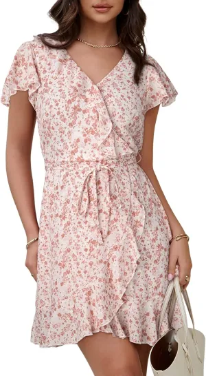 Dokotoo Womens Summer Dresses 2025 Deep V Neck Ruffle Floral Flowy Mini Dress Sundresses Vacation Beach Outfits for Women