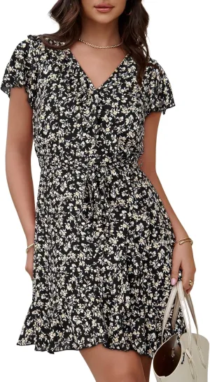 Dokotoo Womens Summer Dresses 2025 Deep V Neck Ruffle Floral Flowy Mini Dress Sundresses Vacation Beach Outfits for Women