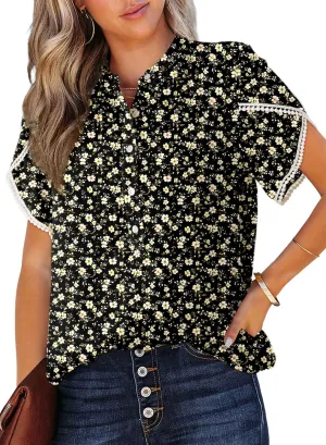 Dokotoo Womens Tops Summer Casual Boho Floral Print Short Sleeve Half Button Down V Neck Chiffon Blouses Shirts