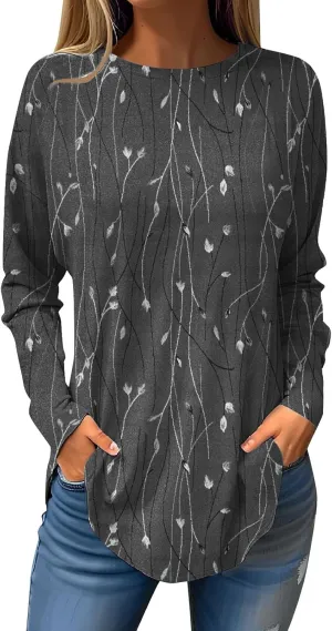 DuDubaby Graphic Tees for Women Trendy Round Neck Tops Trendy Floral Print Long Sleeve Tee Oversized Vacation Sweatshirt