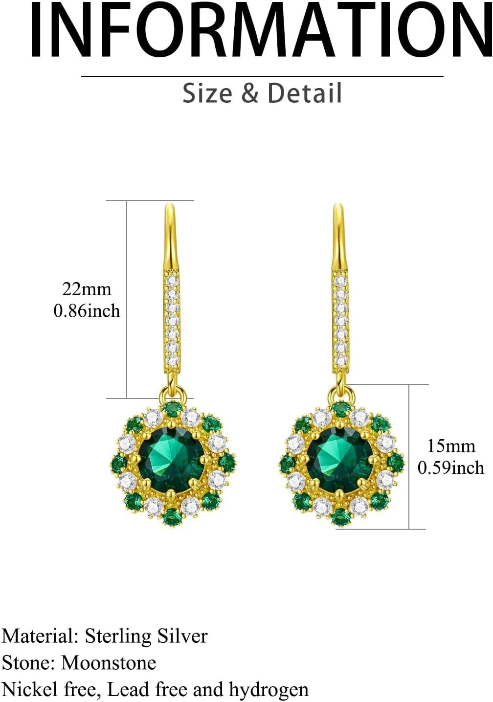 Earship Gold Emerald Earrings for Women Sterling Silver Gold Plated Dangle Drop CZ Earrings Jewelry for Her Birthday Graduation Gold Plated Cubic Zirconia Earrings Gifts