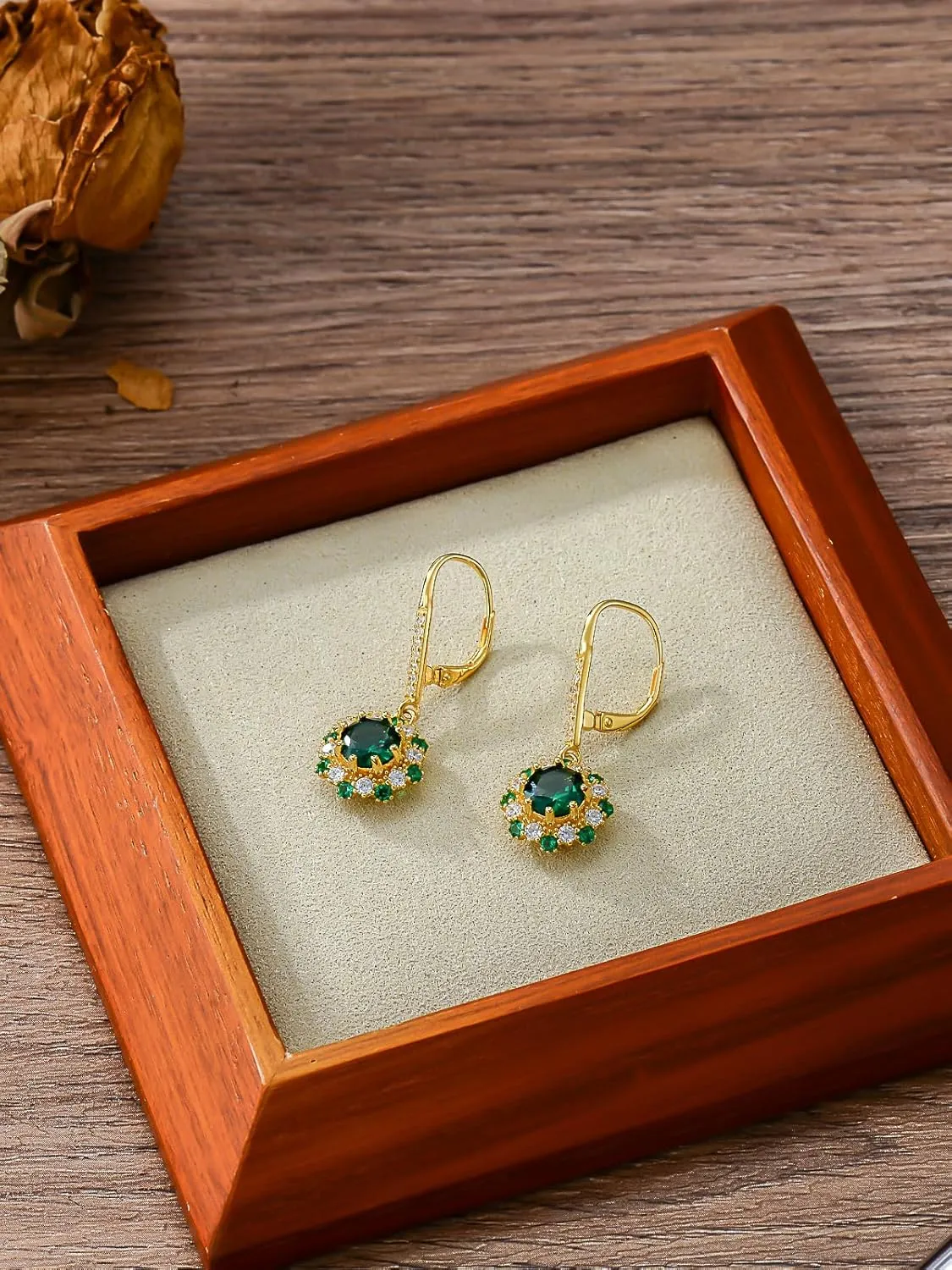 Earship Gold Emerald Earrings for Women Sterling Silver Gold Plated Dangle Drop CZ Earrings Jewelry for Her Birthday Graduation Gold Plated Cubic Zirconia Earrings Gifts