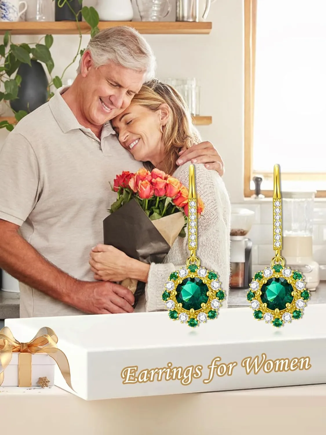 Earship Gold Emerald Earrings for Women Sterling Silver Gold Plated Dangle Drop CZ Earrings Jewelry for Her Birthday Graduation Gold Plated Cubic Zirconia Earrings Gifts