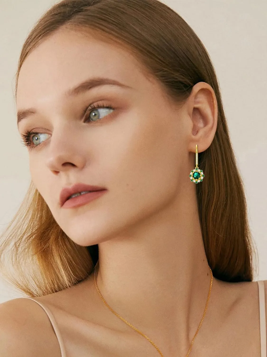 Earship Gold Emerald Earrings for Women Sterling Silver Gold Plated Dangle Drop CZ Earrings Jewelry for Her Birthday Graduation Gold Plated Cubic Zirconia Earrings Gifts