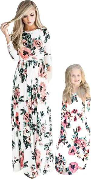 EFOFEI Mommy and Me Matching Tank Maxi Dresses Sleeveless Bohemia Floral Printed Family Matching Outfits with Pockets