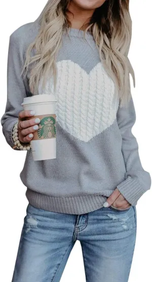 Elegantcharm EC Women's Pullover Sweaters Knitted Long Sleeve Crewneck Heart Patchwork Jumper Cozy Tops