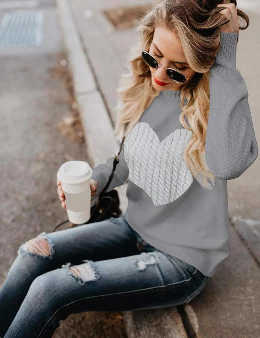 Elegantcharm EC Women's Pullover Sweaters Knitted Long Sleeve Crewneck Heart Patchwork Jumper Cozy Tops