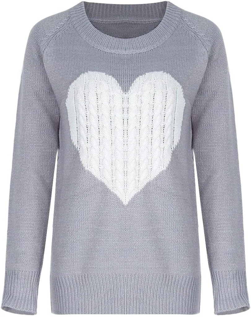 Elegantcharm EC Women's Pullover Sweaters Knitted Long Sleeve Crewneck Heart Patchwork Jumper Cozy Tops