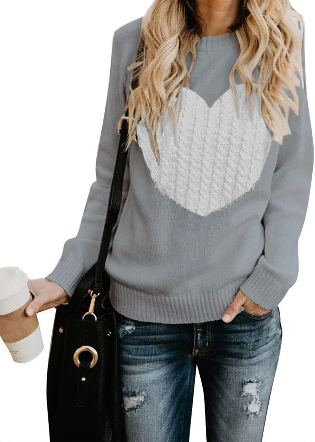 Elegantcharm EC Women's Pullover Sweaters Knitted Long Sleeve Crewneck Heart Patchwork Jumper Cozy Tops