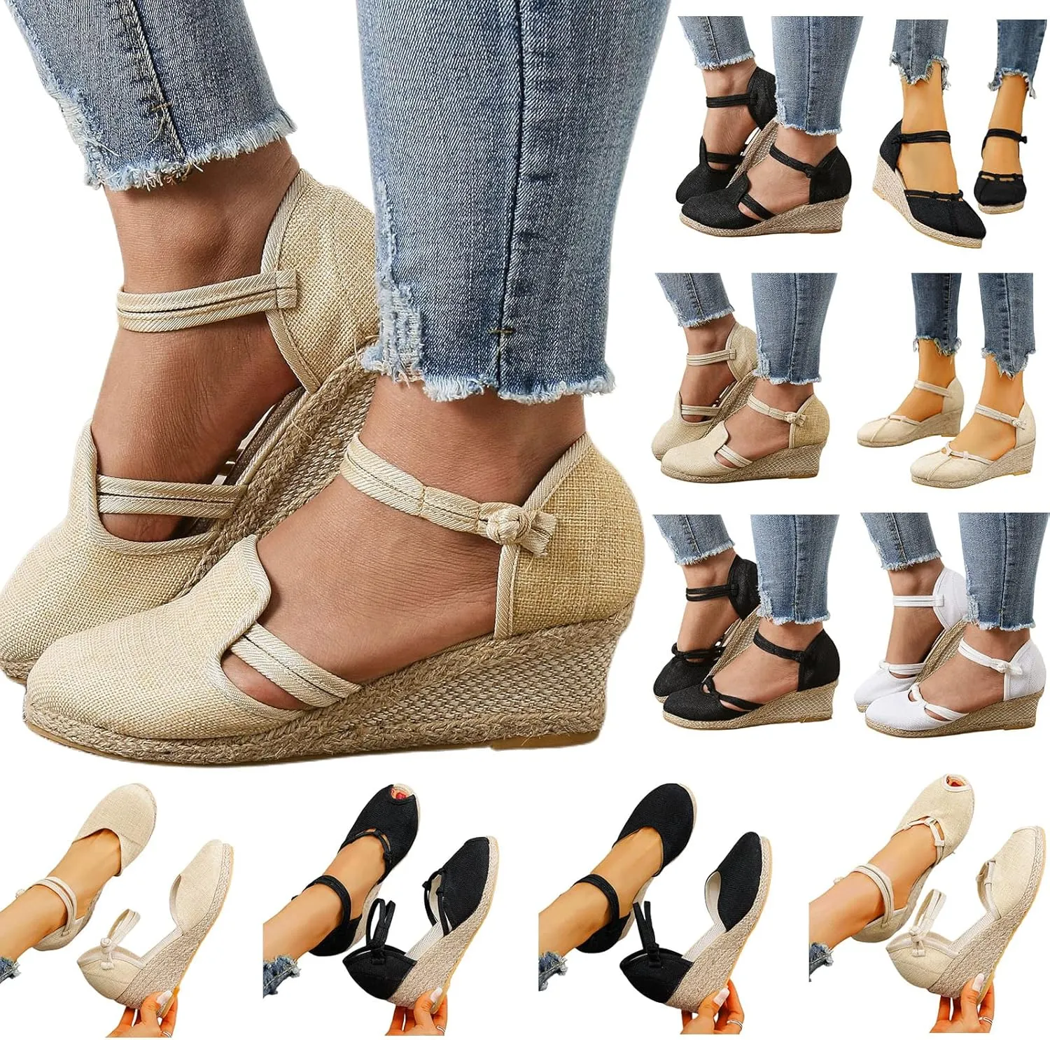 Espadrilles Wedges for Women Dressy Summer Comfortable Non Slip Retro Sandals Closed Toe Strappy Ankle Strap Summer Casual Beach Walking Shoes for Office Or Fashion