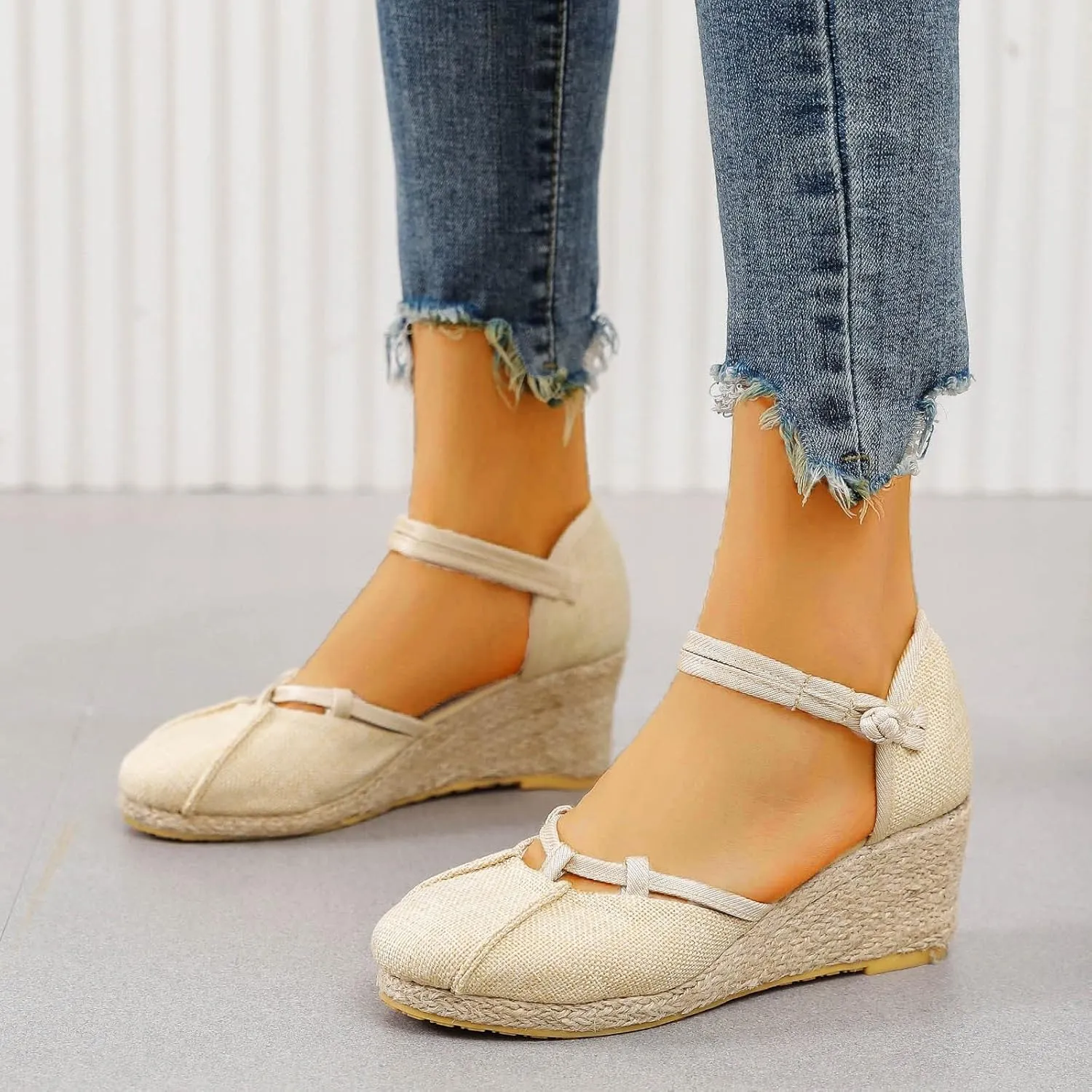 Espadrilles Wedges for Women Dressy Summer Comfortable Non Slip Retro Sandals Closed Toe Strappy Ankle Strap Summer Casual Beach Walking Shoes for Office Or Fashion