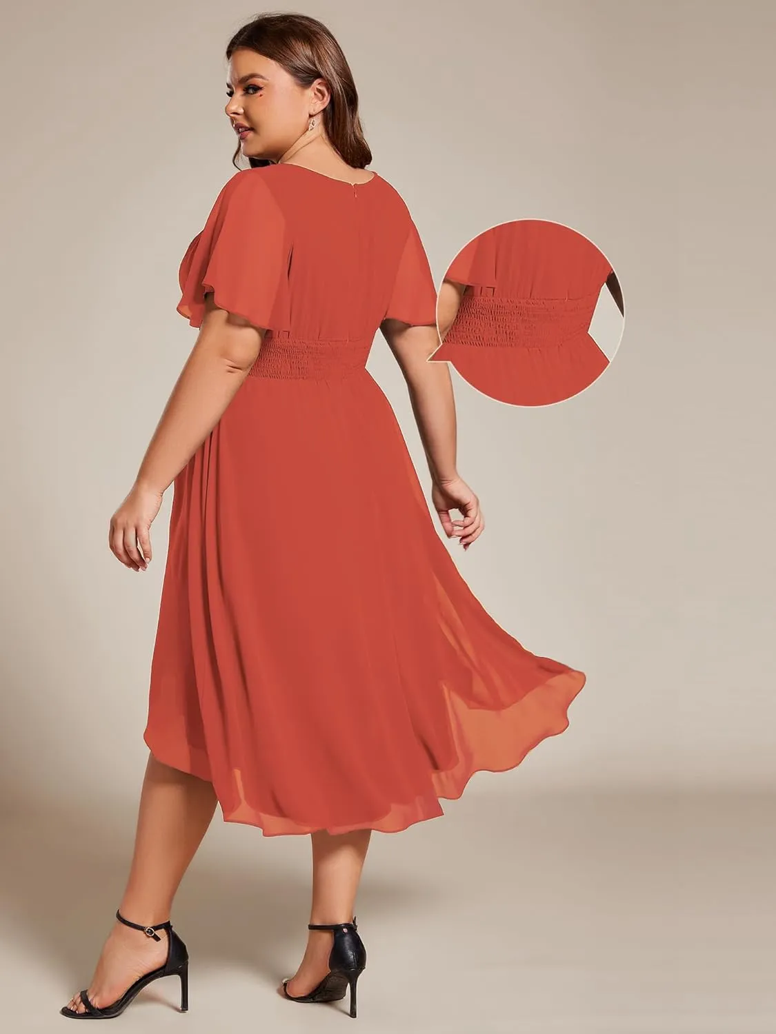 Ever-Pretty Women's A Line Crew Neck Short Sleeves Pleated Elastic Back Chiffon Midi Plus Size High Low Wedding Guest Dresses