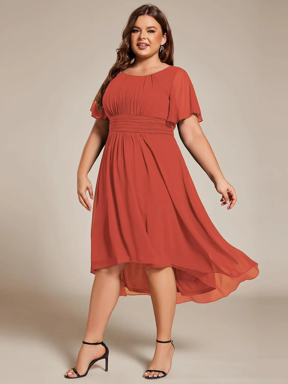 Ever-Pretty Women's A Line Crew Neck Short Sleeves Pleated Elastic Back Chiffon Midi Plus Size High Low Wedding Guest Dresses