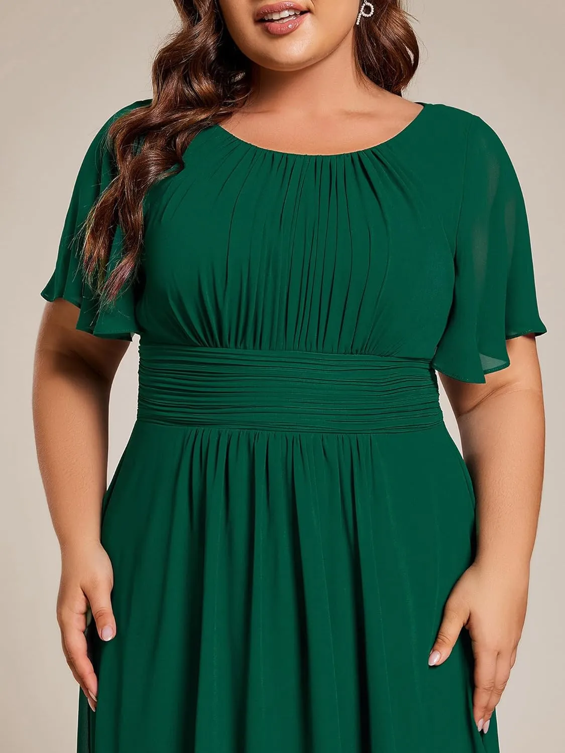 Ever-Pretty Women's A Line Crew Neck Short Sleeves Pleated Elastic Back Chiffon Midi Plus Size High Low Wedding Guest Dresses