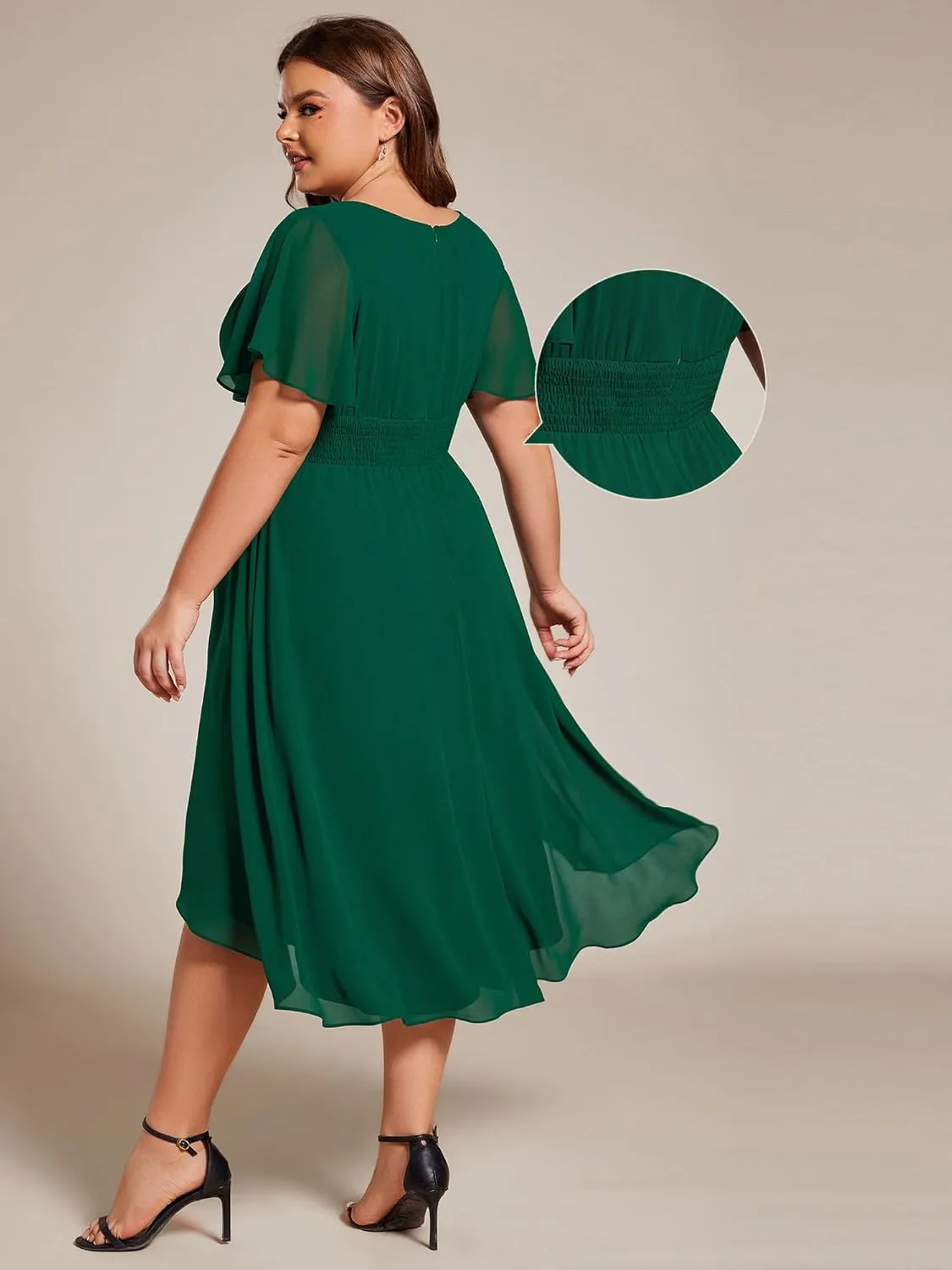 Ever-Pretty Women's A Line Crew Neck Short Sleeves Pleated Elastic Back Chiffon Midi Plus Size High Low Wedding Guest Dresses