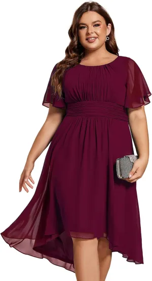 Ever-Pretty Women's A Line Crew Neck Short Sleeves Pleated Elastic Back Chiffon Midi Plus Size High Low Wedding Guest Dresses