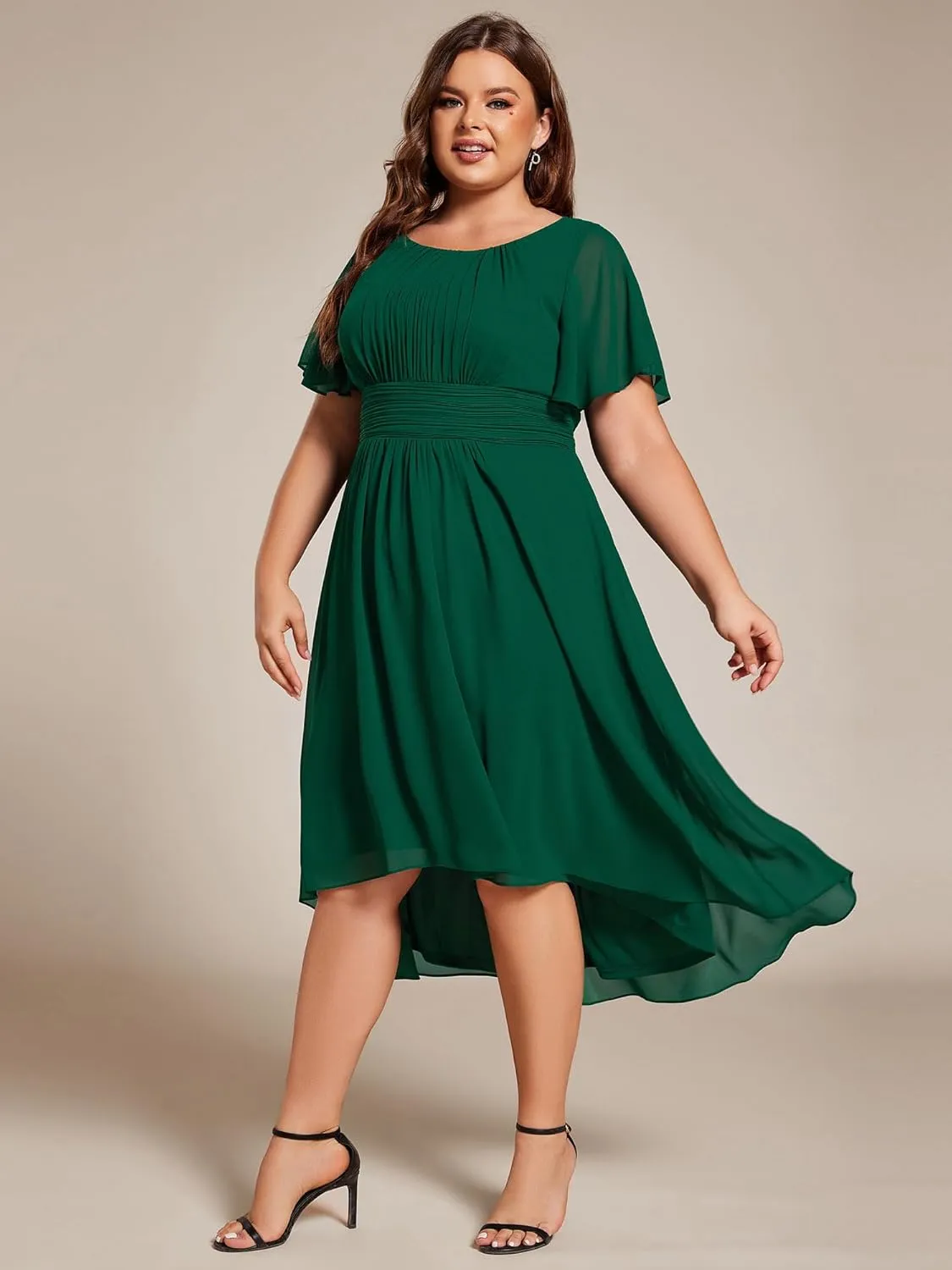 Ever-Pretty Women's A Line Crew Neck Short Sleeves Pleated Elastic Back Chiffon Midi Plus Size High Low Wedding Guest Dresses