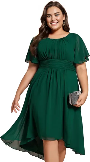 Ever-Pretty Women's A Line Crew Neck Short Sleeves Pleated Elastic Back Chiffon Midi Plus Size High Low Wedding Guest Dresses