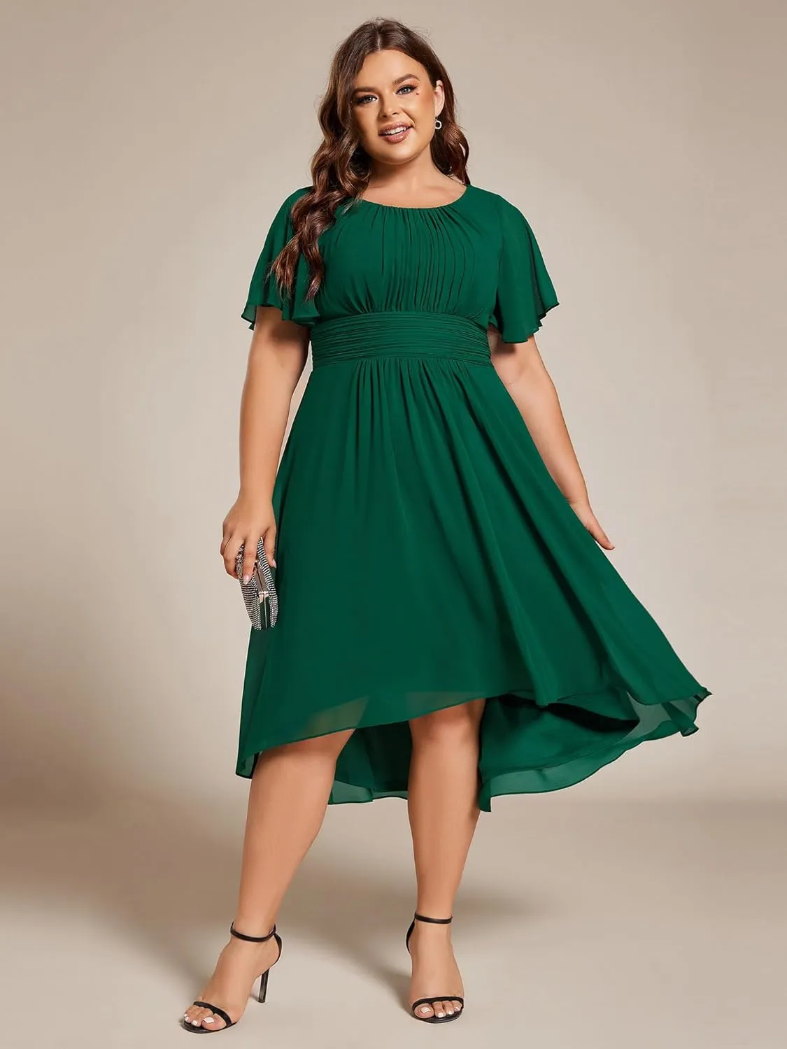 Ever-Pretty Women's A Line Crew Neck Short Sleeves Pleated Elastic Back Chiffon Midi Plus Size High Low Wedding Guest Dresses