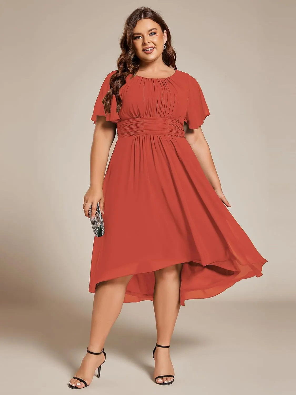 Ever-Pretty Women's A Line Crew Neck Short Sleeves Pleated Elastic Back Chiffon Midi Plus Size High Low Wedding Guest Dresses