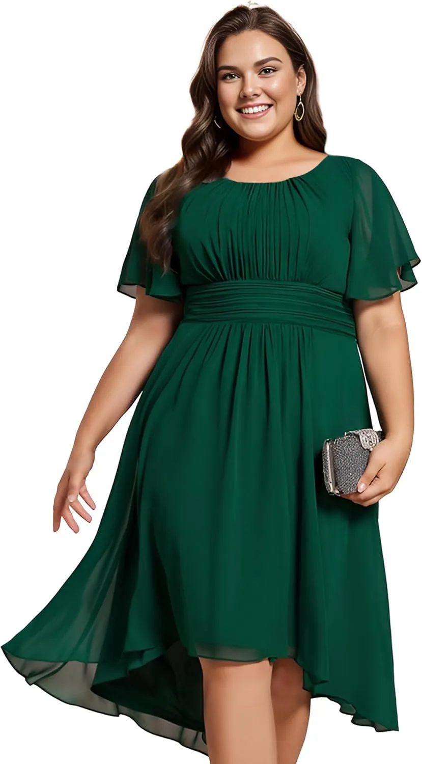 Ever-Pretty Women's A Line Crew Neck Short Sleeves Pleated Elastic Back Chiffon Midi Plus Size High Low Wedding Guest Dresses