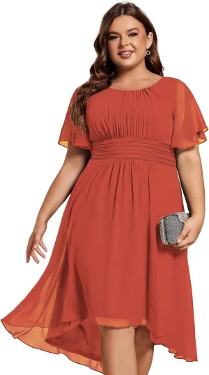 Ever-Pretty Women's A Line Crew Neck Short Sleeves Pleated Elastic Back Chiffon Midi Plus Size High Low Wedding Guest Dresses