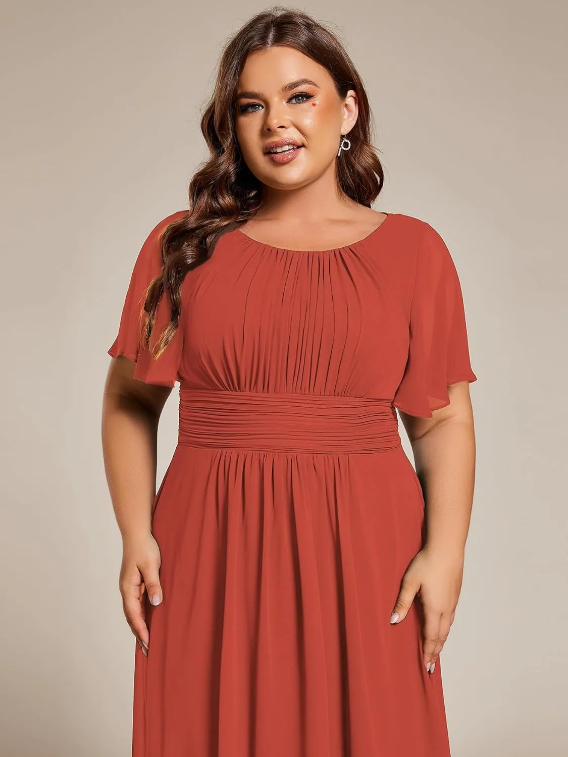 Ever-Pretty Women's A Line Crew Neck Short Sleeves Pleated Elastic Back Chiffon Midi Plus Size High Low Wedding Guest Dresses