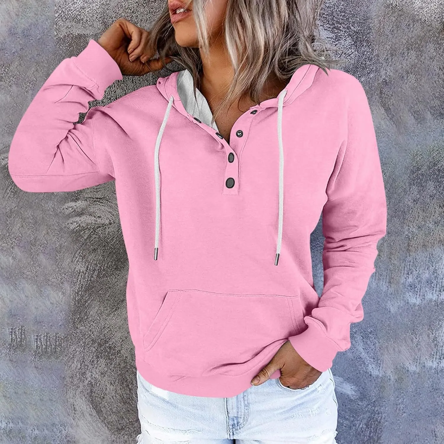 Fall Outfits for Women 2025 Y2k Hoodies Solid Button Down Long Sleeve Hooded Sweatshirts Pullover Tops with Pocket