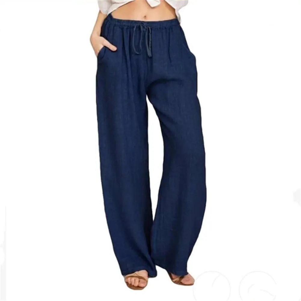Faretumiya Women Linen Cotton Pants Sumer Casual High Waist Long Palazzo Pants Wide Leg Loose Fit Trousers with Pockets