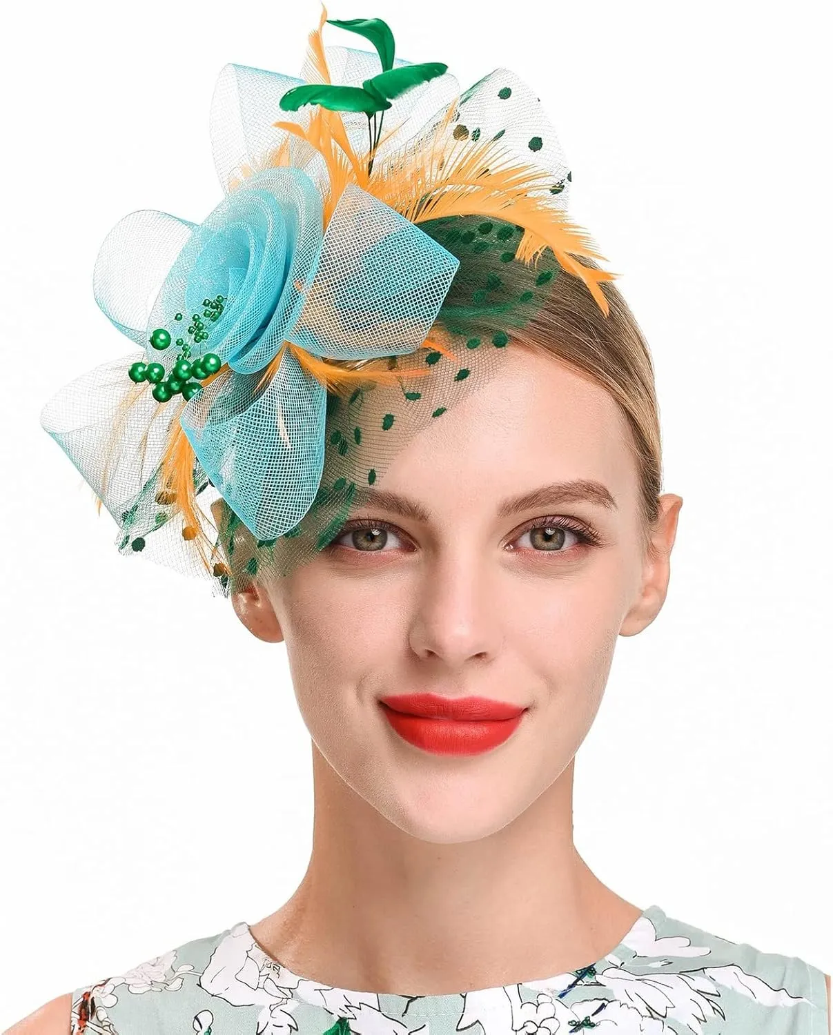 Fascinator Hat for Women Flower Pearls Mesh Feathers Hair Clip Tea Parties Wedding Hat Headpiece