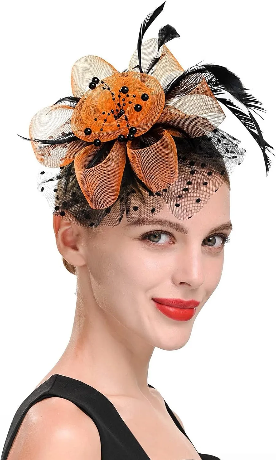 Fascinator Hat for Women Flower Pearls Mesh Feathers Hair Clip Tea Parties Wedding Hat Headpiece