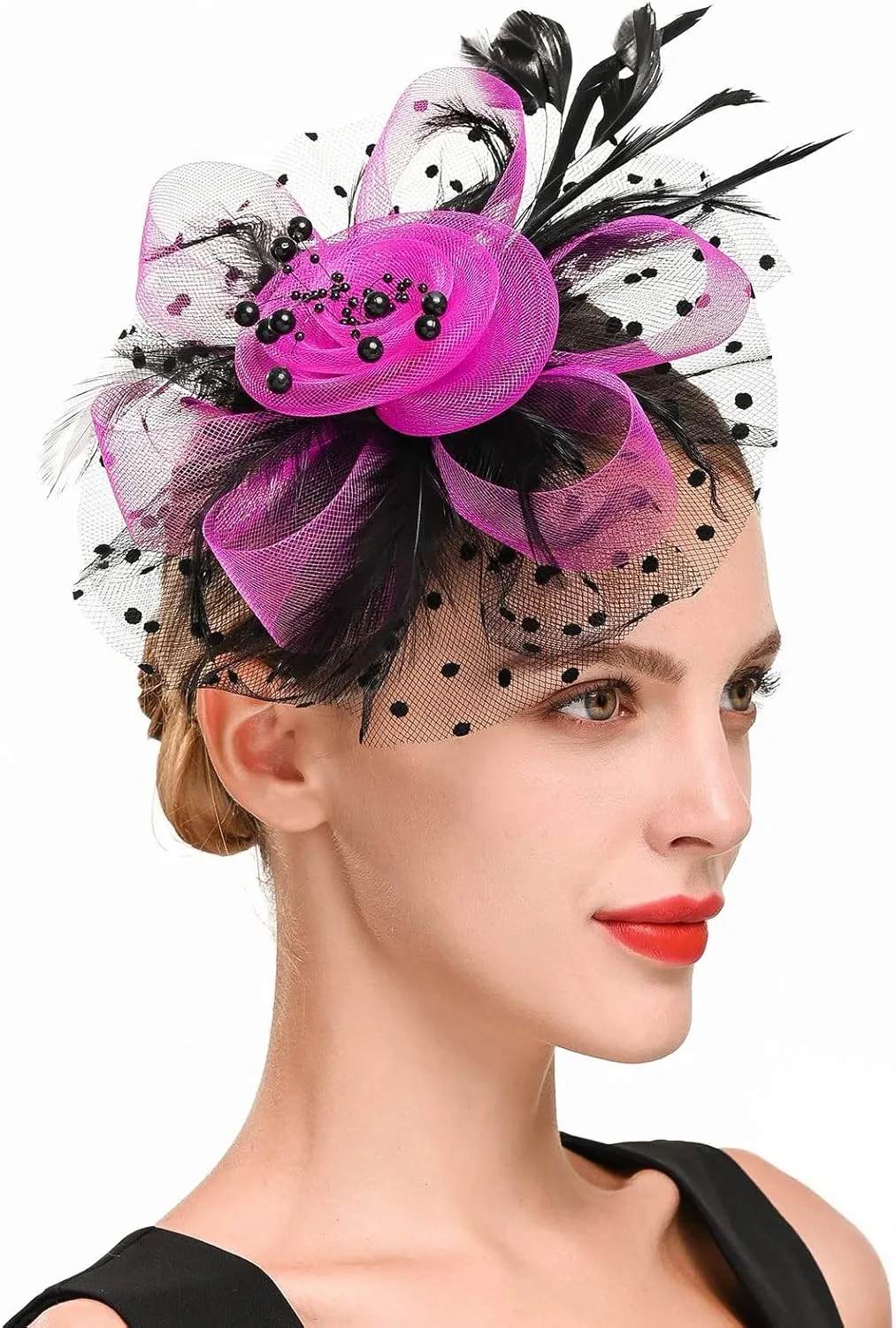 Fascinator Hat for Women Flower Pearls Mesh Feathers Hair Clip Tea Parties Wedding Hat Headpiece