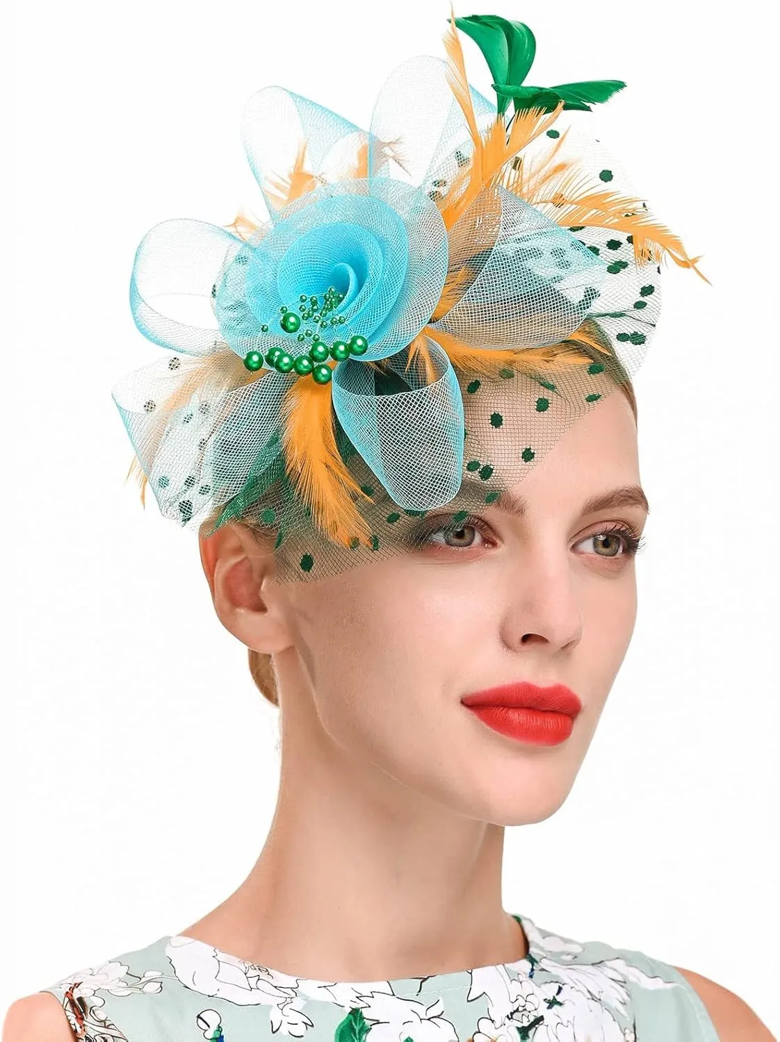 Fascinator Hat for Women Flower Pearls Mesh Feathers Hair Clip Tea Parties Wedding Hat Headpiece