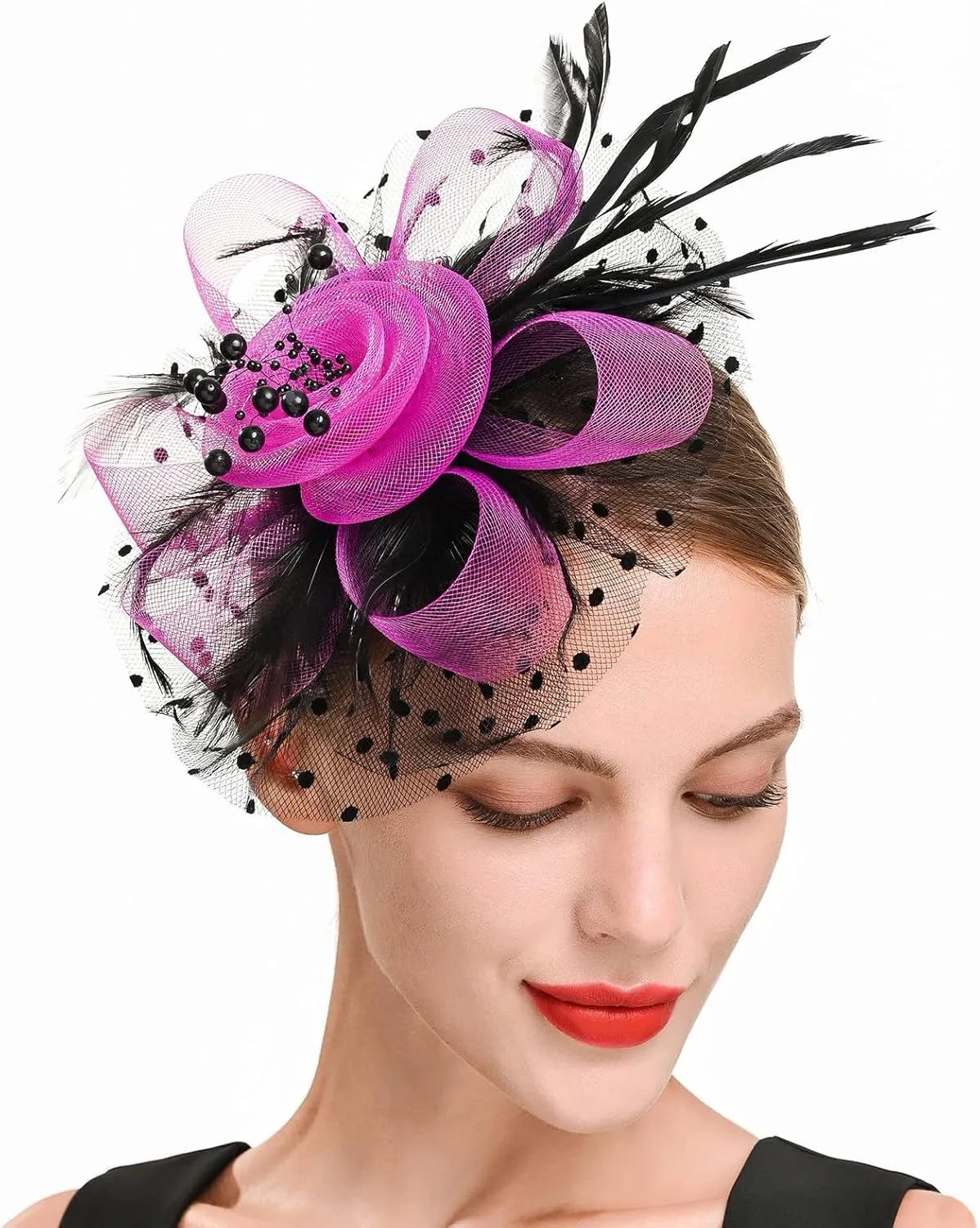 Fascinator Hat for Women Flower Pearls Mesh Feathers Hair Clip Tea Parties Wedding Hat Headpiece