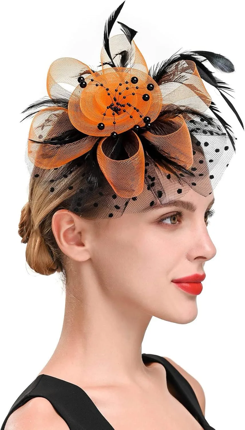 Fascinator Hat for Women Flower Pearls Mesh Feathers Hair Clip Tea Parties Wedding Hat Headpiece