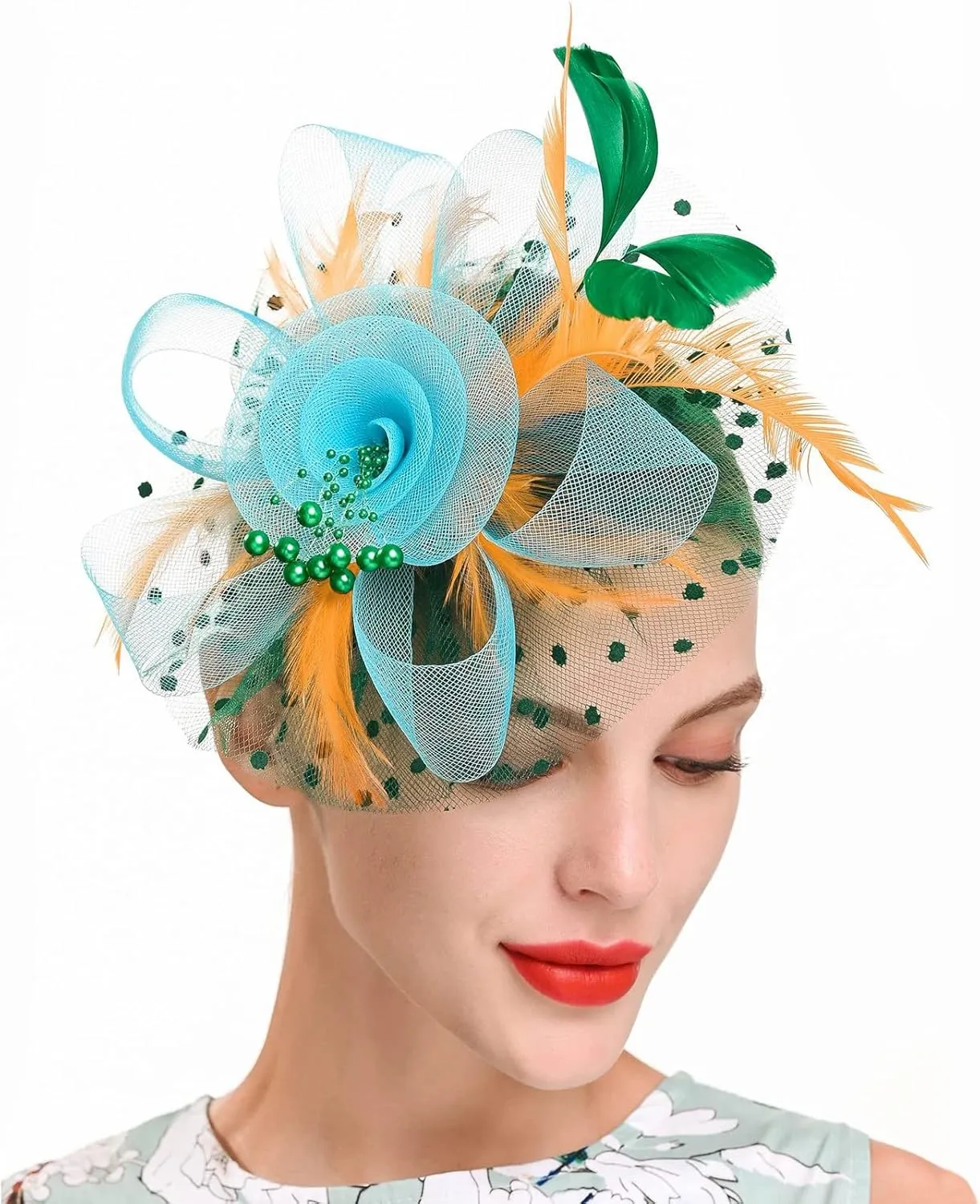 Fascinator Hat for Women Flower Pearls Mesh Feathers Hair Clip Tea Parties Wedding Hat Headpiece