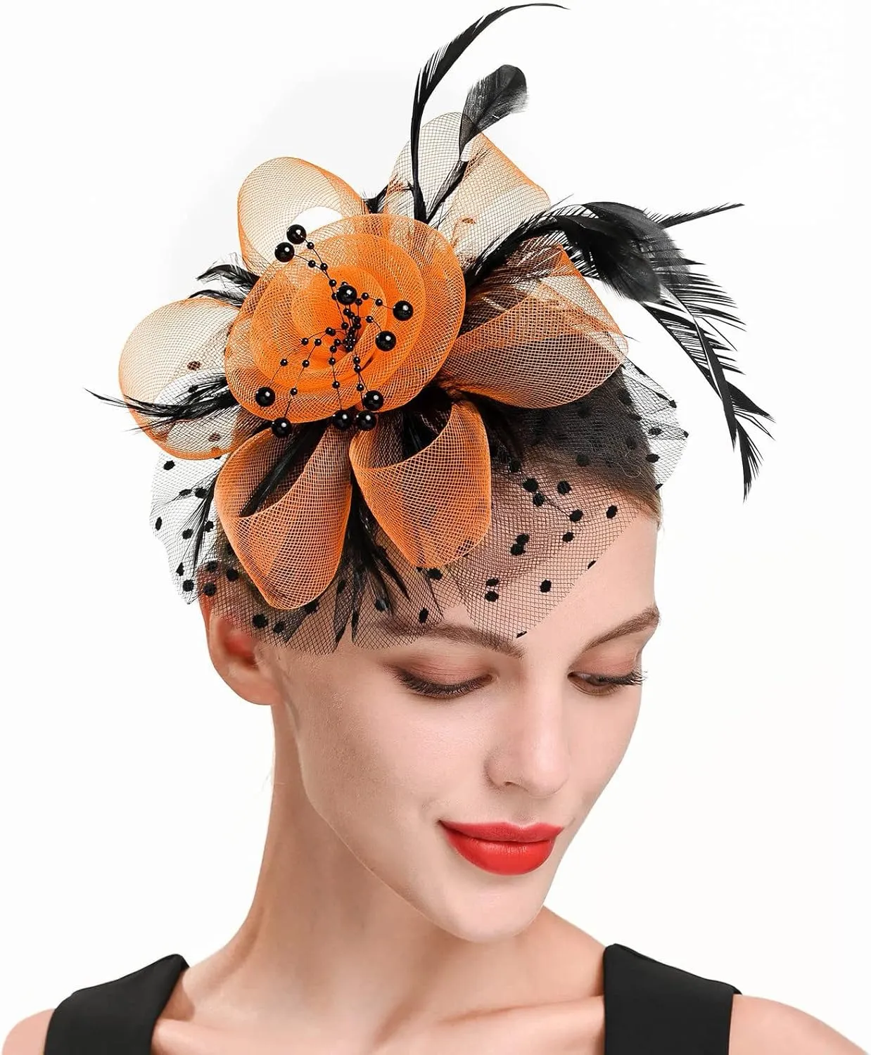 Fascinator Hat for Women Flower Pearls Mesh Feathers Hair Clip Tea Parties Wedding Hat Headpiece