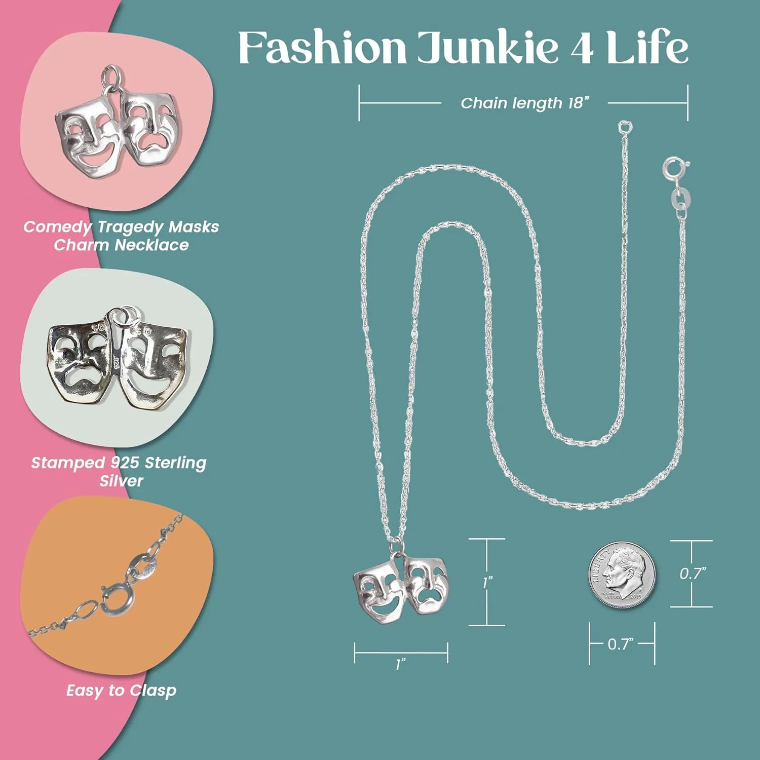 FashionJunkie4Life Sterling Silver Arts and Theater Charm Pendant Necklaces for Women