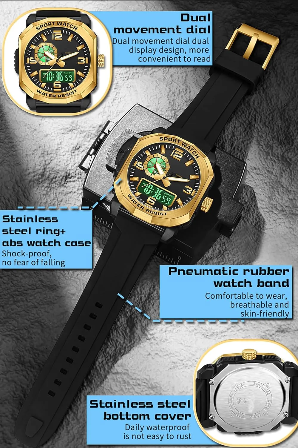 findtime Cool Watches for Men Construction Heavy Duty Punk Designer Unique Sports Wrist Watch with 5ATM Waterproof Dual Time Display Stopwatch