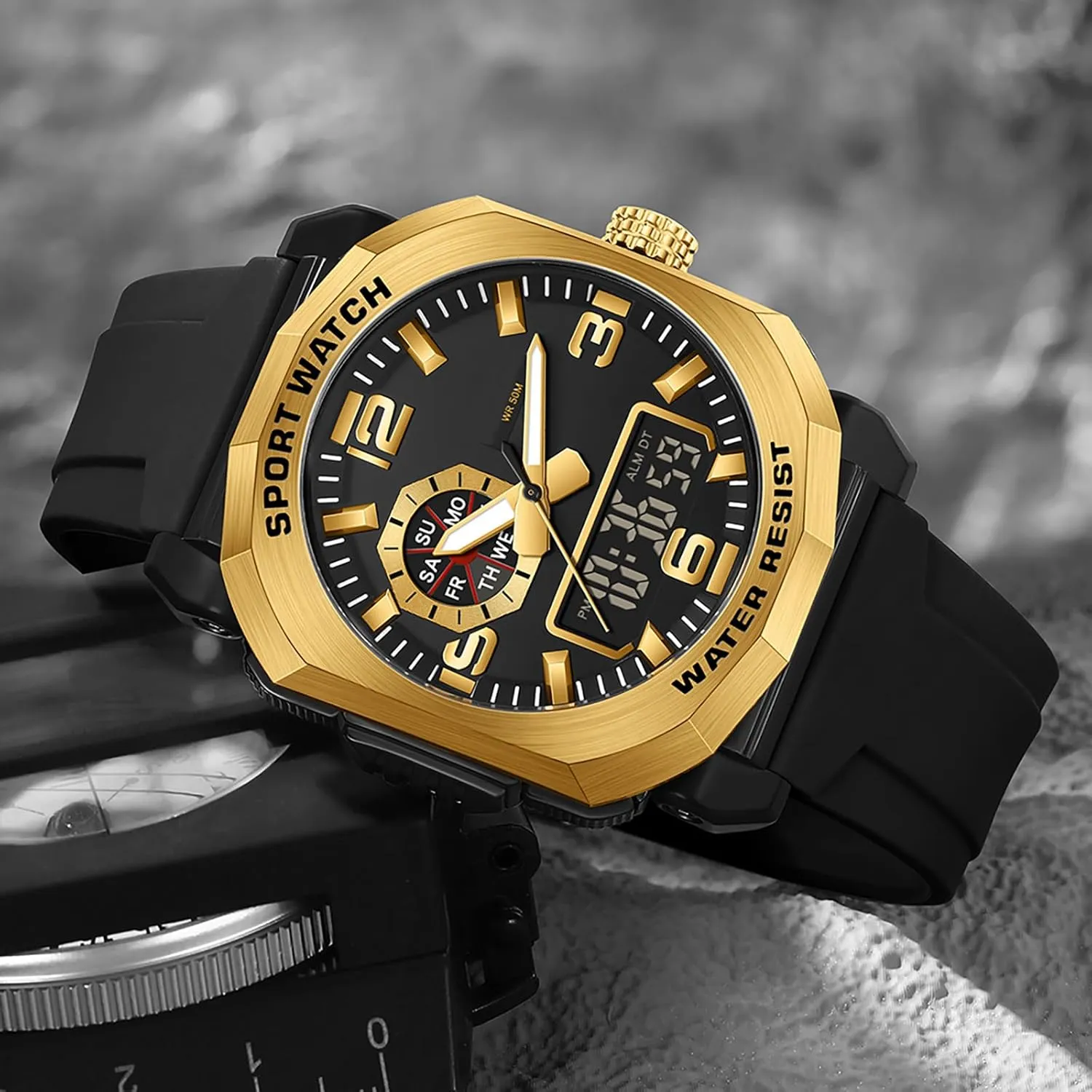 findtime Cool Watches for Men Construction Heavy Duty Punk Designer Unique Sports Wrist Watch with 5ATM Waterproof Dual Time Display Stopwatch