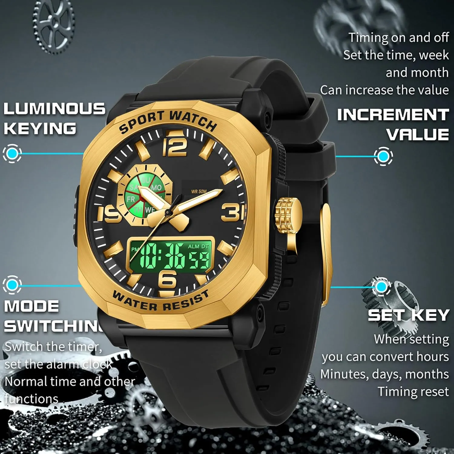 findtime Cool Watches for Men Construction Heavy Duty Punk Designer Unique Sports Wrist Watch with 5ATM Waterproof Dual Time Display Stopwatch