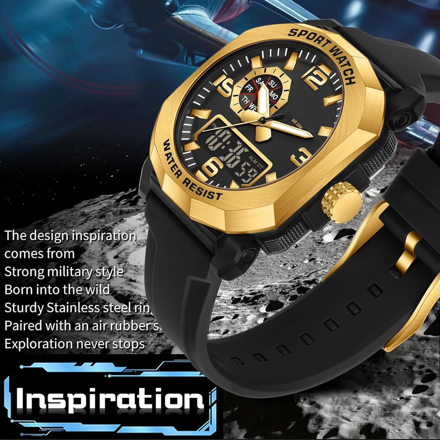 findtime Cool Watches for Men Construction Heavy Duty Punk Designer Unique Sports Wrist Watch with 5ATM Waterproof Dual Time Display Stopwatch