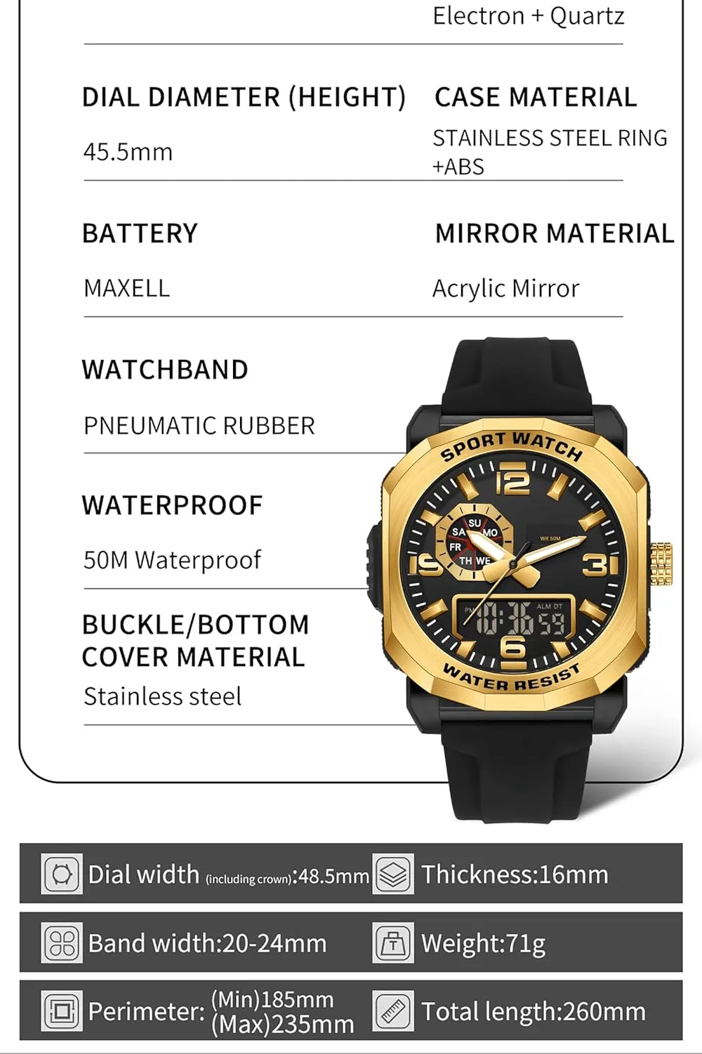findtime Cool Watches for Men Construction Heavy Duty Punk Designer Unique Sports Wrist Watch with 5ATM Waterproof Dual Time Display Stopwatch