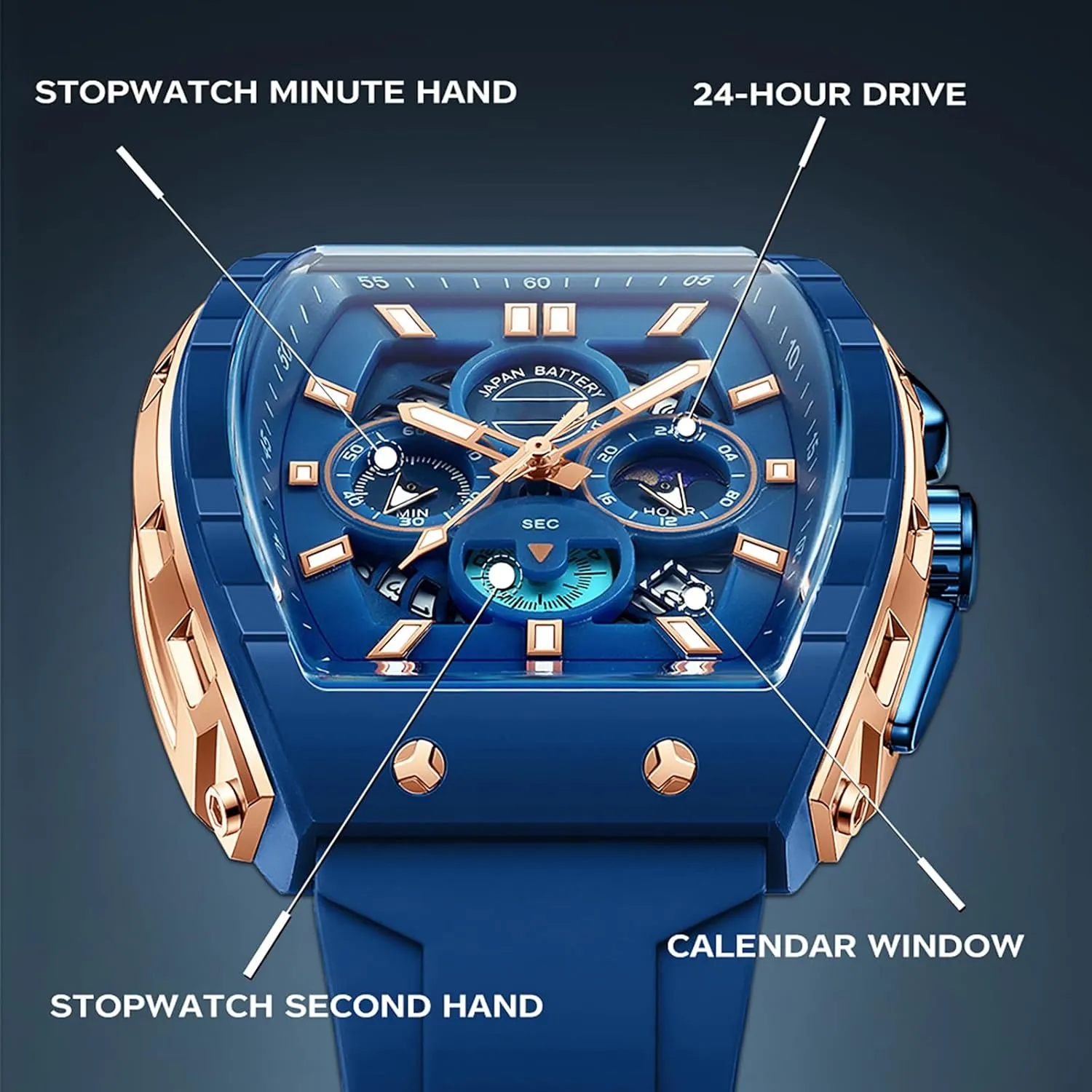findtime Men Watch Chronograph Analog Sport Wristwatch Waterproof Running Stopwatch Watches for Men Luminous Moon Phase Unique Tonneau