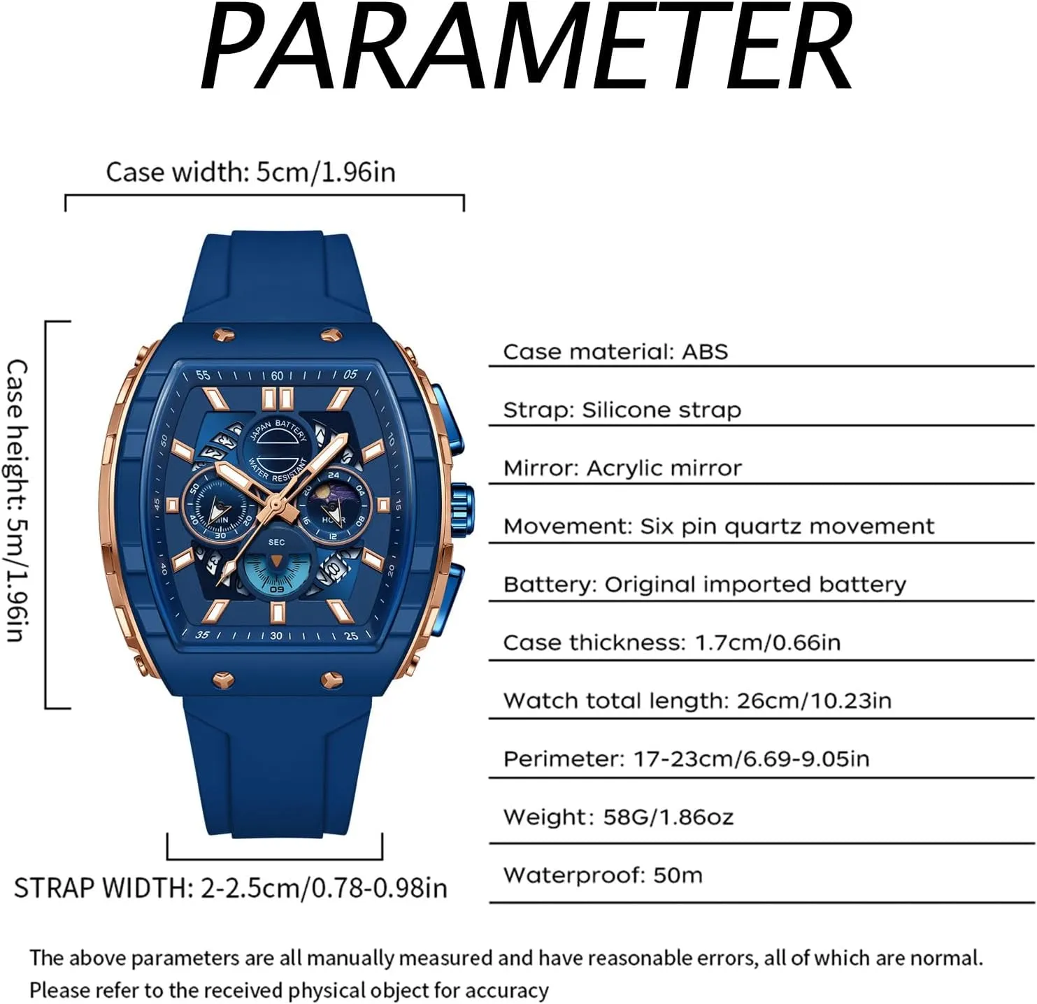 findtime Men Watch Chronograph Analog Sport Wristwatch Waterproof Running Stopwatch Watches for Men Luminous Moon Phase Unique Tonneau