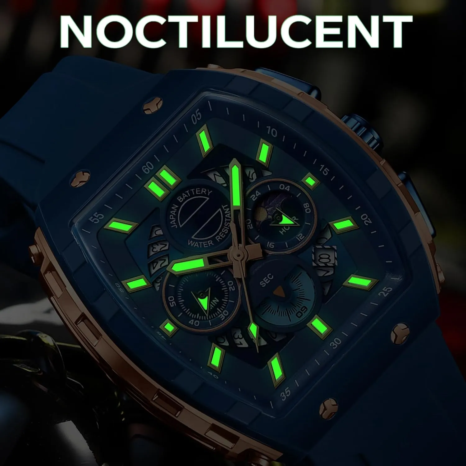 findtime Men Watch Chronograph Analog Sport Wristwatch Waterproof Running Stopwatch Watches for Men Luminous Moon Phase Unique Tonneau